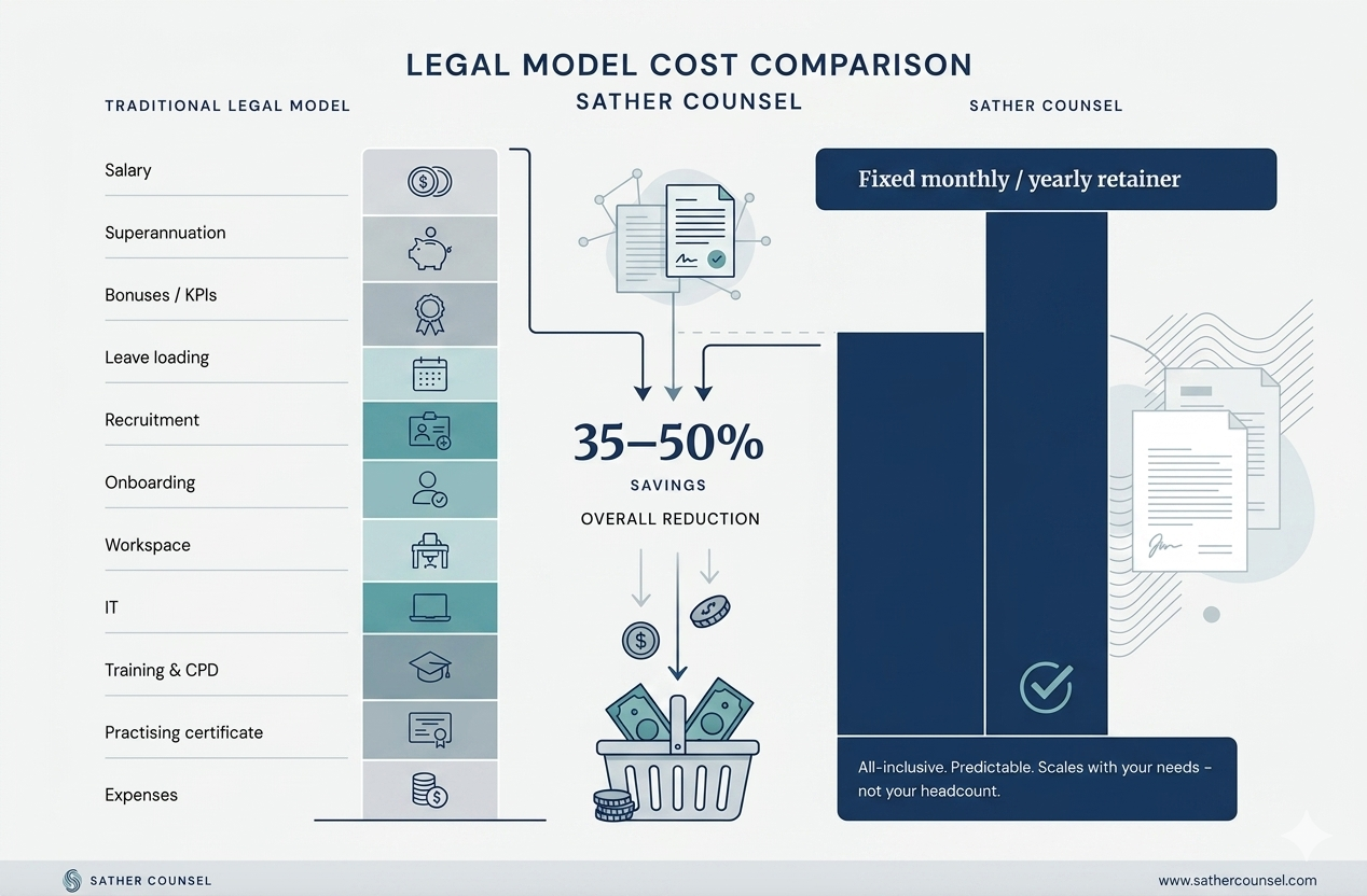 Legal model cost comparison. The traditional legal model carries salary, superannuation, bonuses, leave loading, recruitment, onboarding, workspace, IT, training, practising certificate and expenses; Sather Counsel is a single fixed monthly or yearly retainer. Overall reduction of 35 to 50%.